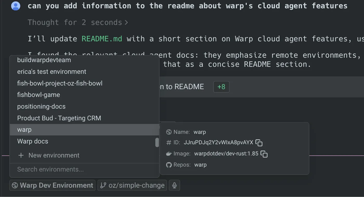 The handoff flow showing an environment selector for the cloud run.